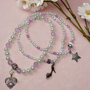 Hand Crafted Silver and Pink Charm Bracelet Trio